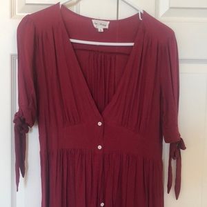 Long red/burgundy shirt sleeve dress with tie sleeves